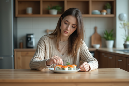 Femme en réflexion avec sushi dans une cuisine moderne