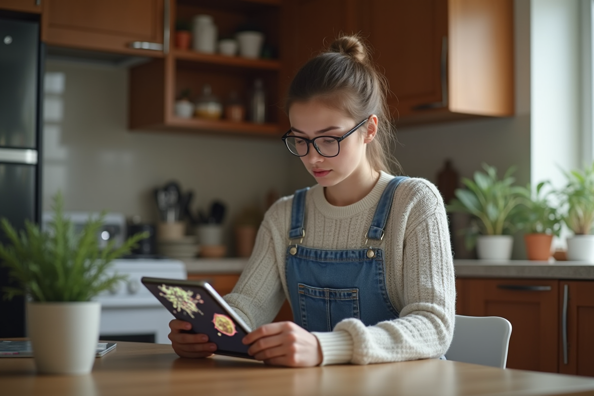 Jeune femme lisant un article santé avec modèle bactérien