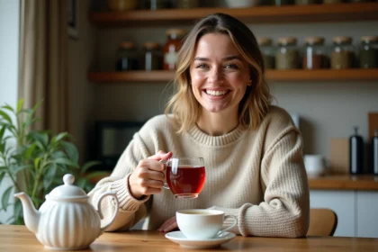 Femme souriante avec tasse de rooibos dans la cuisine chaleureuse
