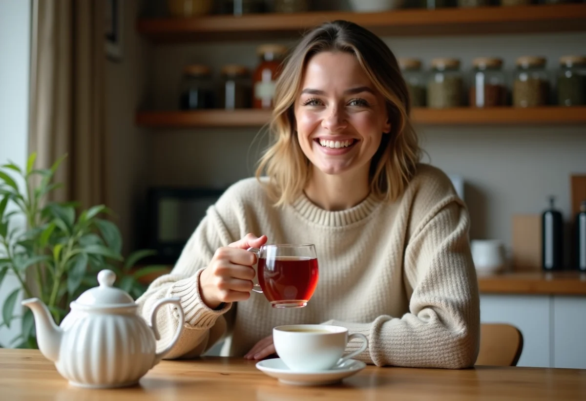 Femme souriante avec tasse de rooibos dans la cuisine chaleureuse