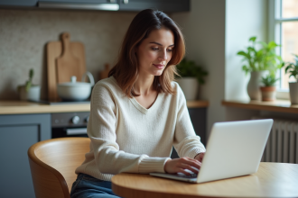 Femme en téléconsultation dans sa cuisine moderne