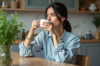 Femme en cuisine sirotant du thé à la menthe dans un cadre chaleureux