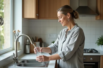 Femme remplissant un verre d'eau au robinet dans une cuisine moderne, illustrant la qualité de l'eau du robinet pour la santé des reins