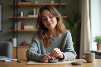 Femme tenant une worrying stone entre ses doigts pour soulager l'anxiété dans un bureau cosy