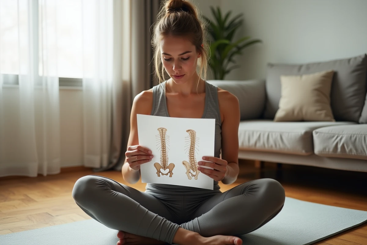 Femme en tenue de yoga consultant des informations sur une blessure au coccyx à domicile