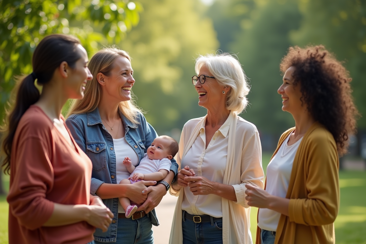 Femmes diverses discutant dans un parc ensoleille