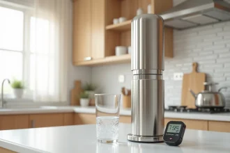 Filtre à eau Berkey en acier inoxydable posé sur un plan de travail de cuisine avec un verre d'eau et un testeur TDS numérique