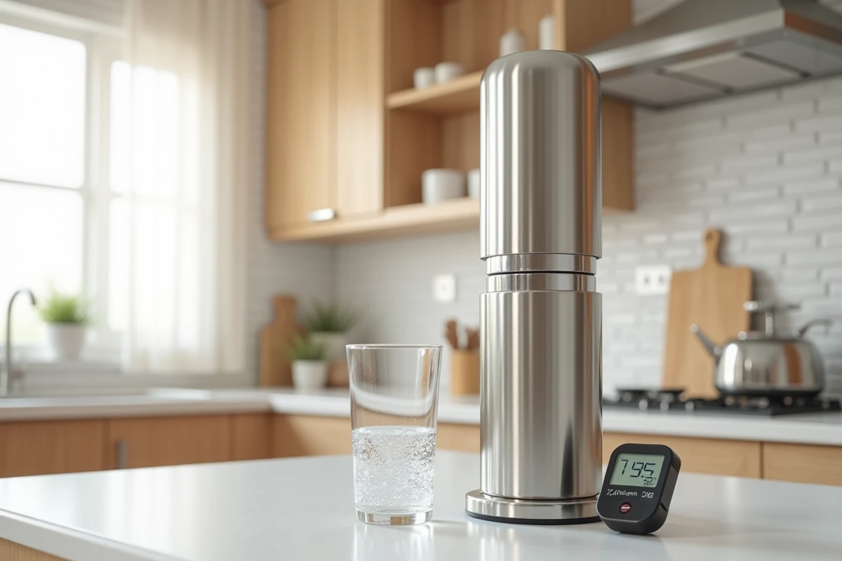 Filtre à eau Berkey en acier inoxydable posé sur un plan de travail de cuisine avec un verre d'eau et un testeur TDS numérique