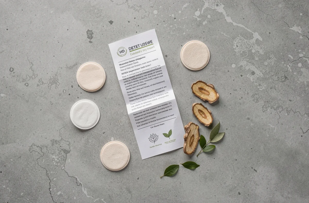 Présentation en flat lay de patches détox minceur avec plantes et notice produit