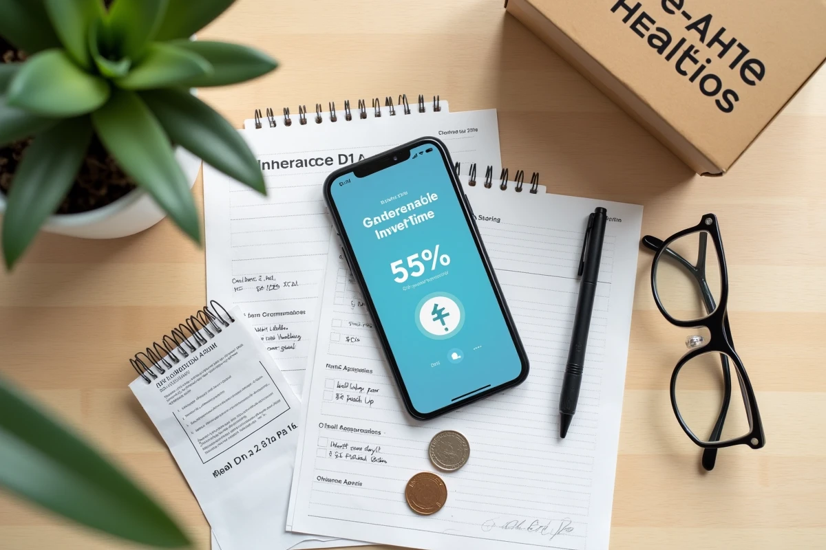 Flat lay montrant une demande de remboursement mutuelle pour Comme J'aime avec téléphone et documents