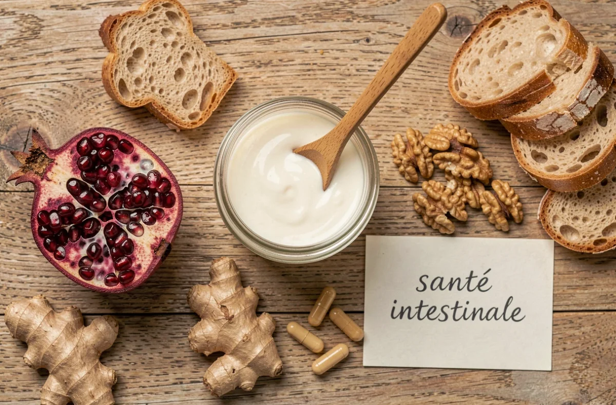 Vue aérienne d'aliments bénéfiques pour la flore intestinale incluant kéfir, grenade et gingembre, pour illustrer la relation entre microbiote et perte de poids