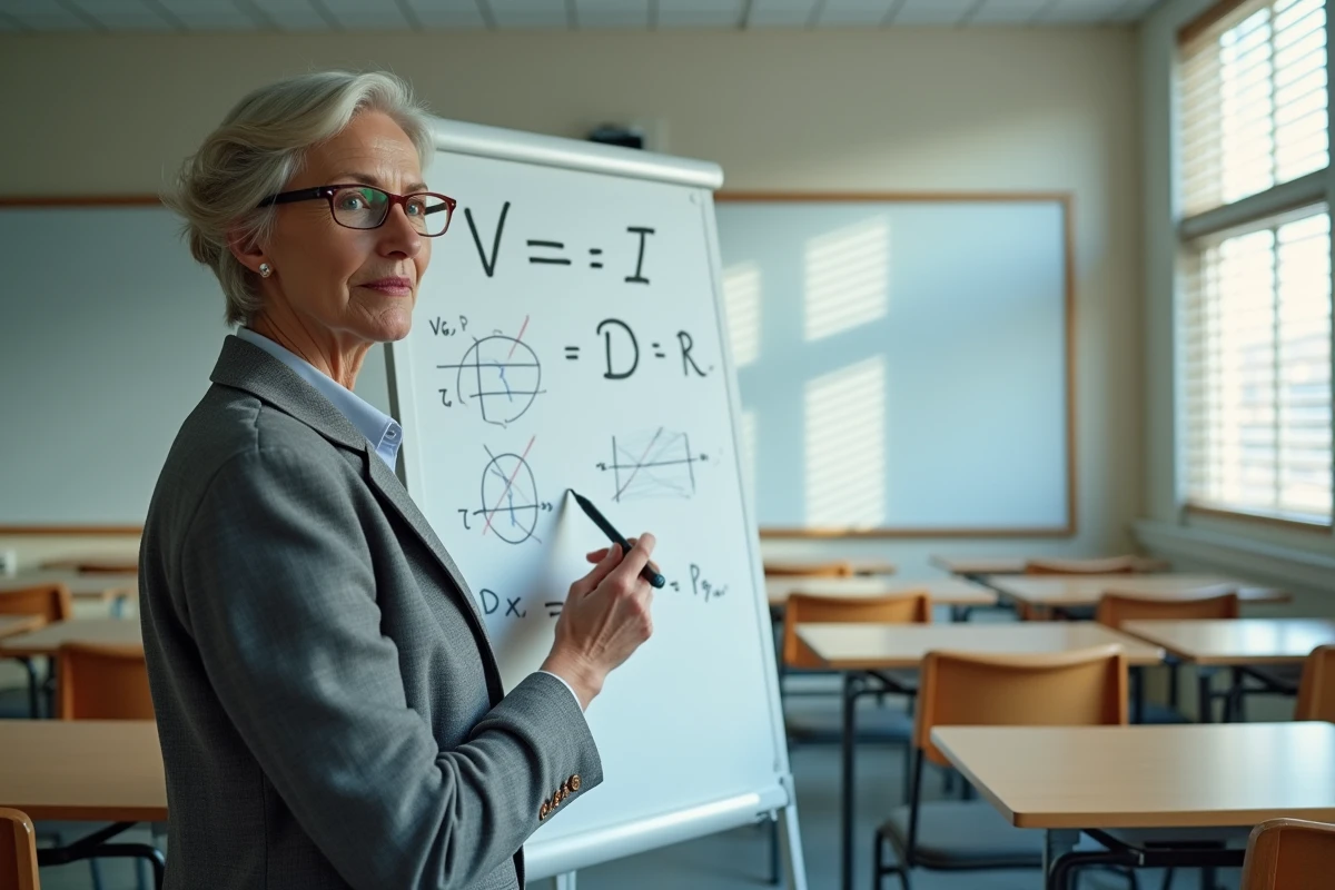 Professeure de physique expliquant la formule de calcul de tension électrique sur un tableau blanc en salle de cours