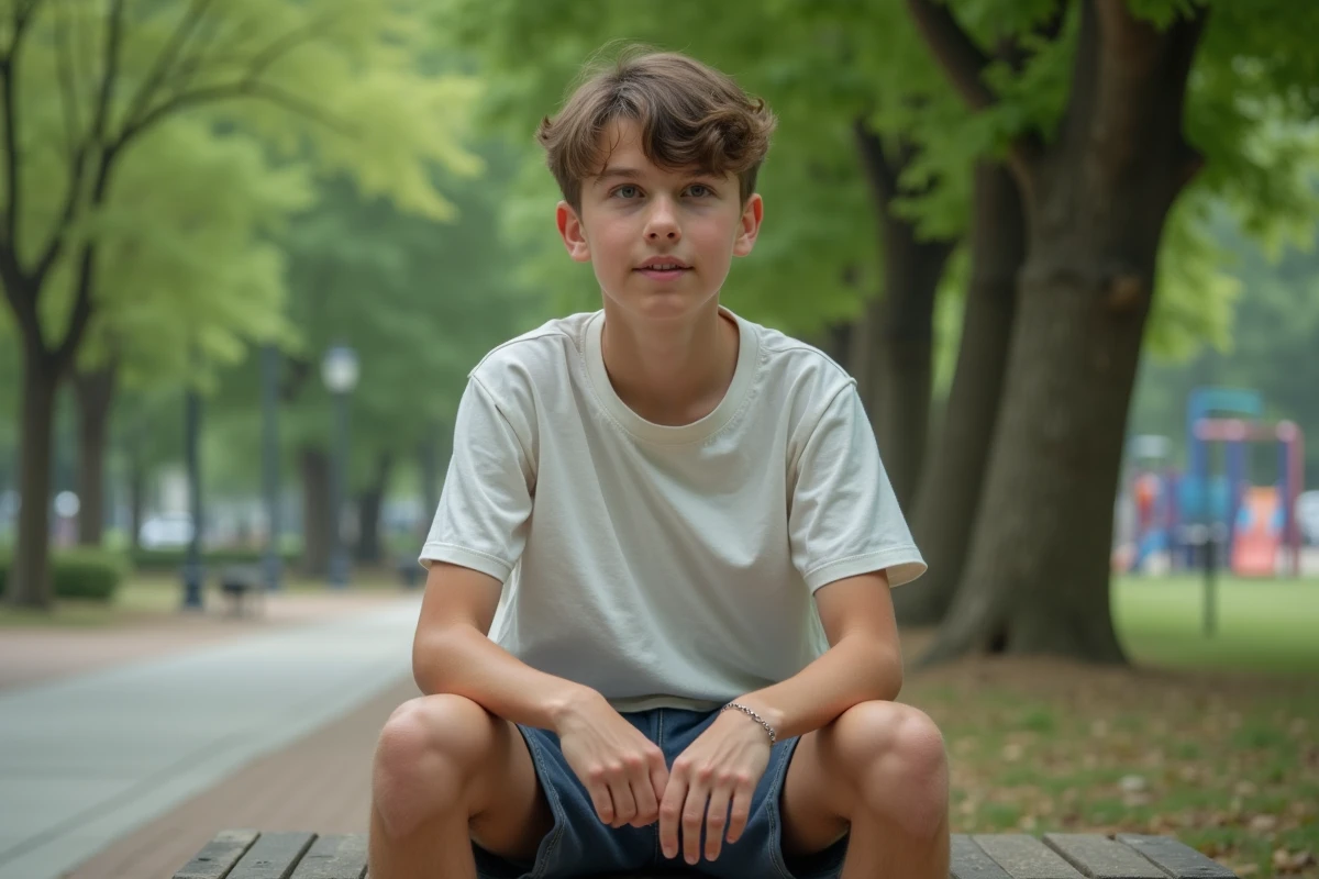 Adolescent montrant ses jambes marbr&eacute;es dans un parc