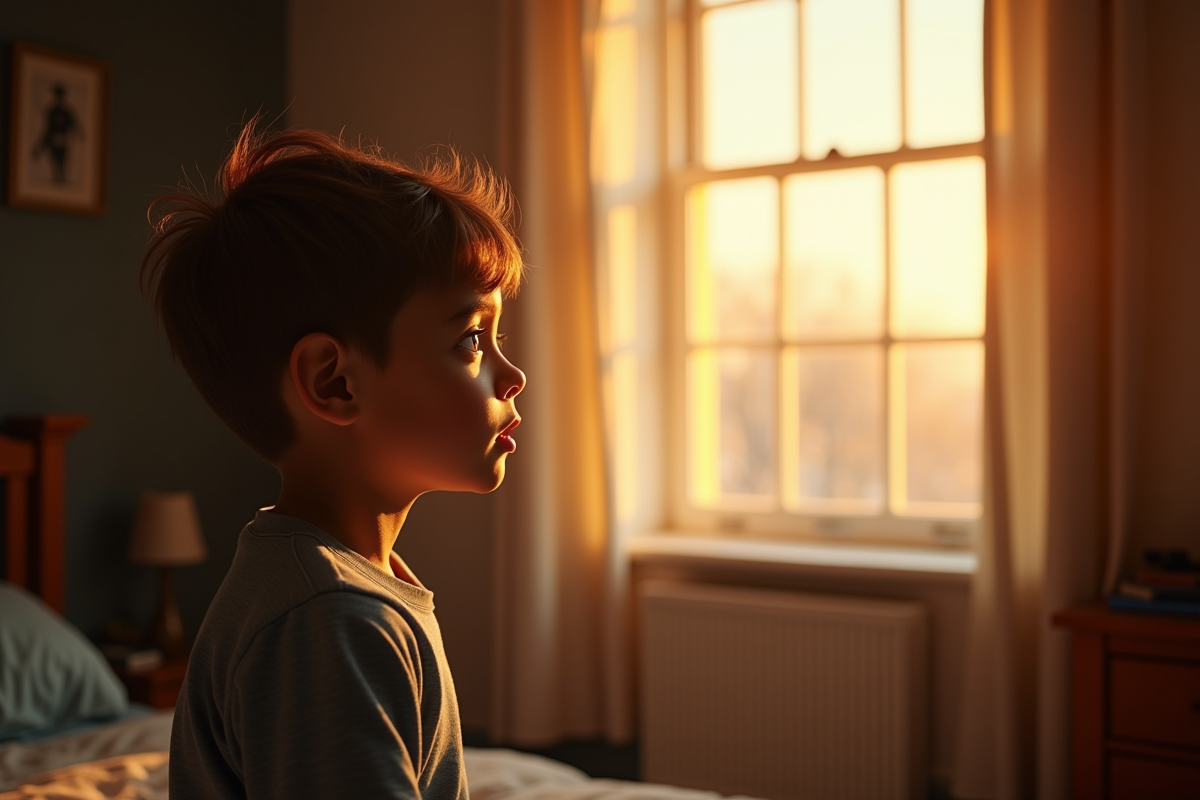 Adolescent regardant par la fenêtre dans sa chambre lumineuse