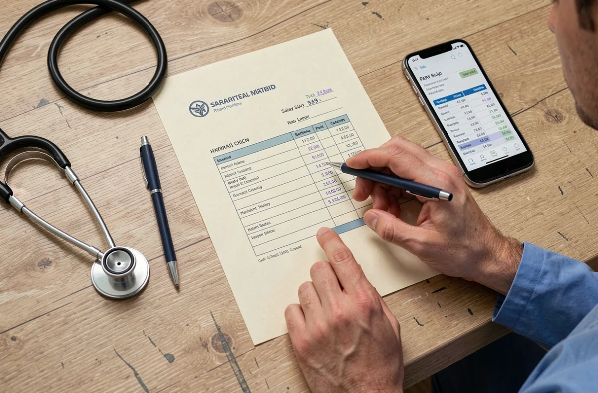 Gros plan sur une fiche de paie hospitalière posée sur un bureau avec stéthoscope et calculatrice de salaire