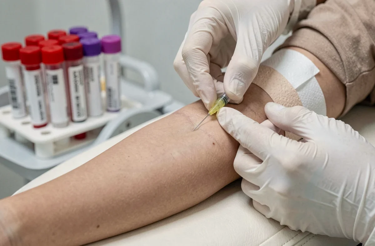 Gros plan d'une prise de sang réalisée sur le bras d'un enfant par un professionnel de santé