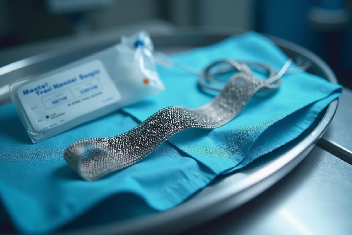 Gros plan d'un stent coronaire métallique sur plateau chirurgical stérile, illustrant la technologie médicale cardiovasculaire