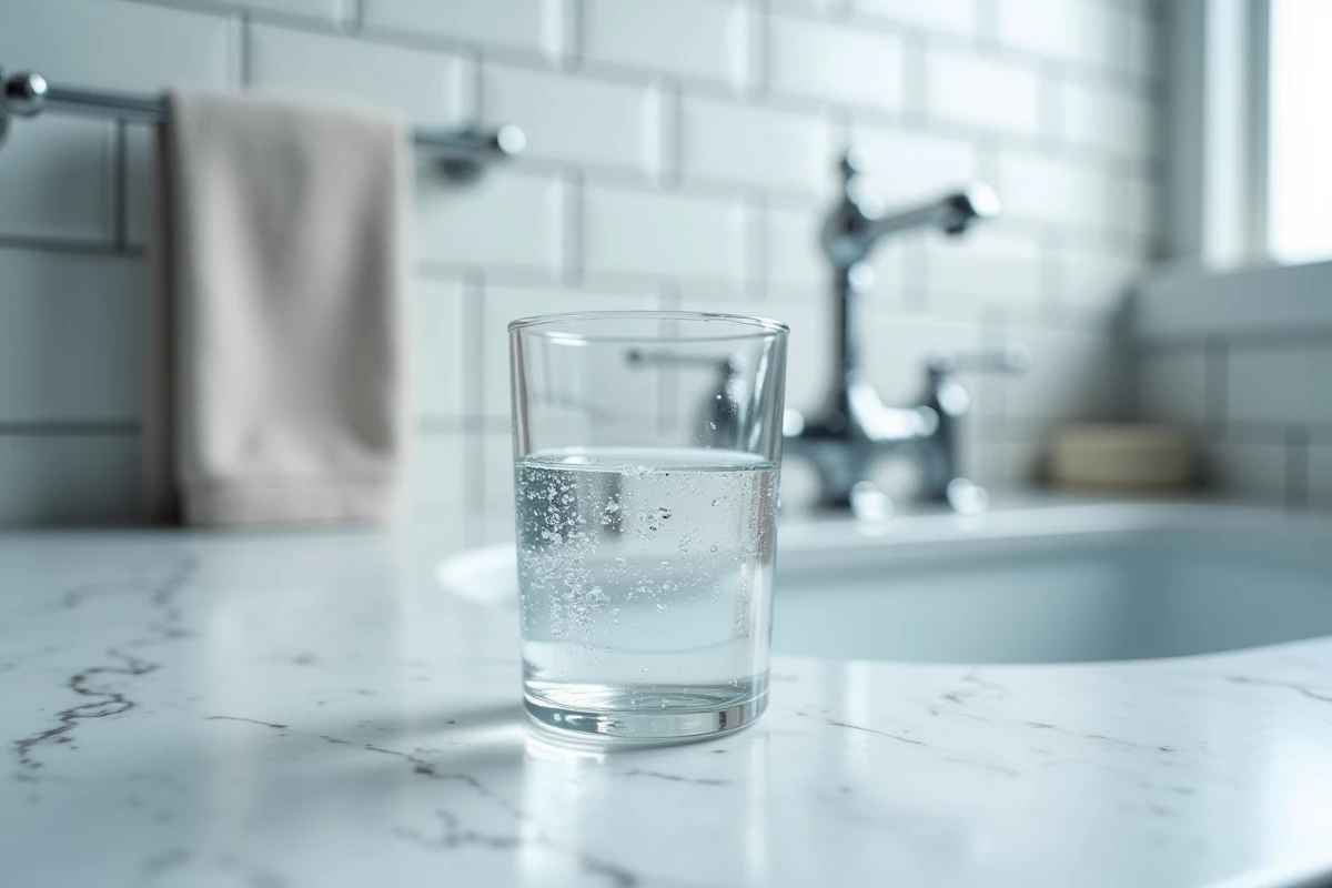 Gros plan d'un verre d'eau posé sur un plan en marbre près d'un robinet de salle de bain, évoquant l'hydratation quotidienne et la santé rénale