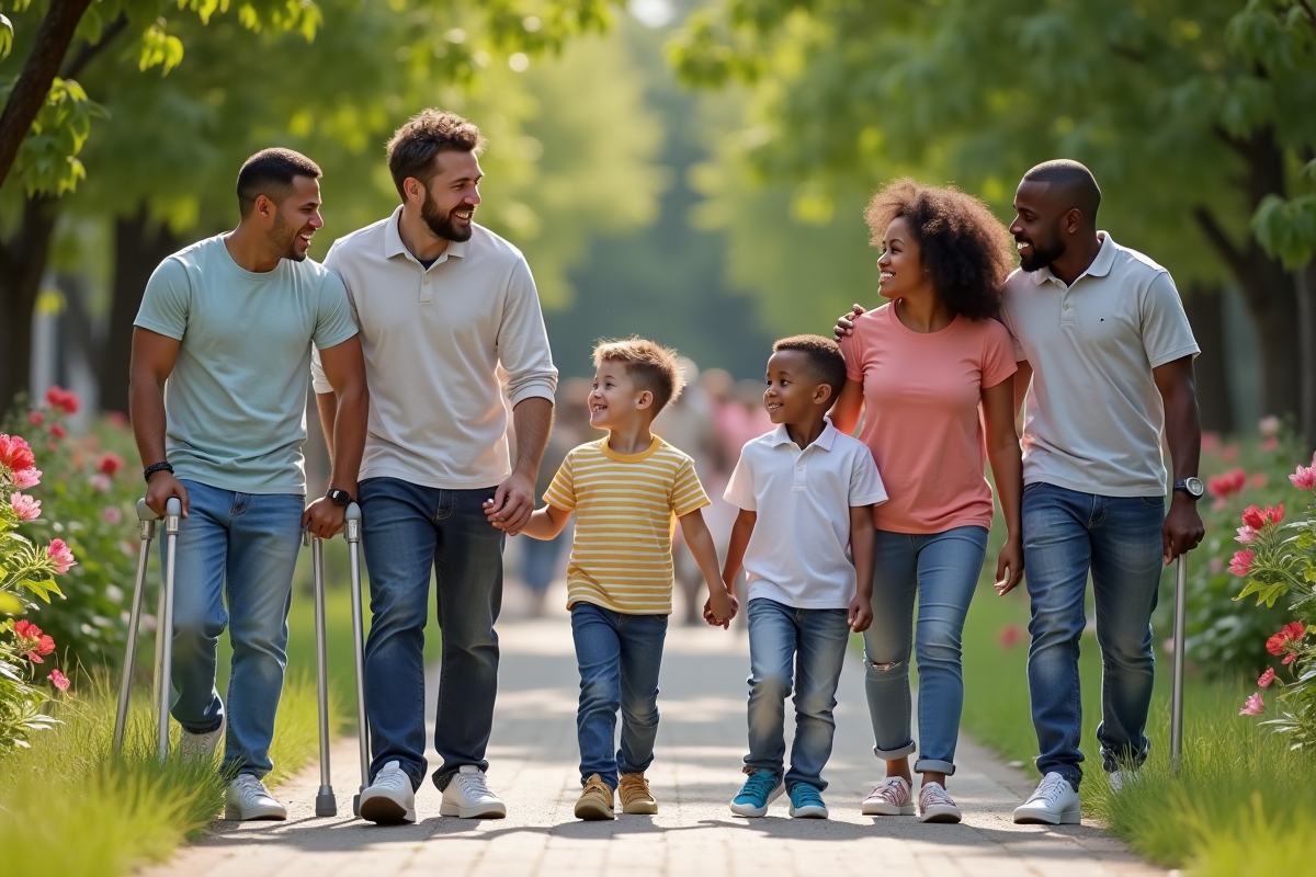 Groupe divers d adultes et enfants en parc avec aides visibles
