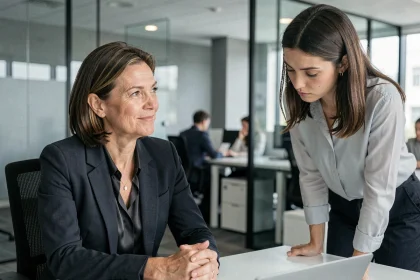 Femme manager au comportement narcissique pervers regardant avec mépris une collègue dans un open space de bureau moderne
