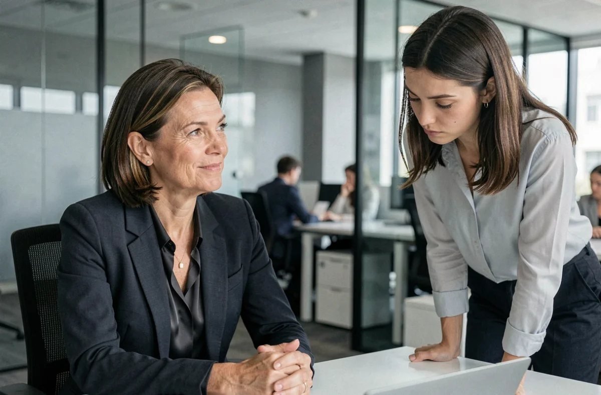 Femme manager au comportement narcissique pervers regardant avec mépris une collègue dans un open space de bureau moderne