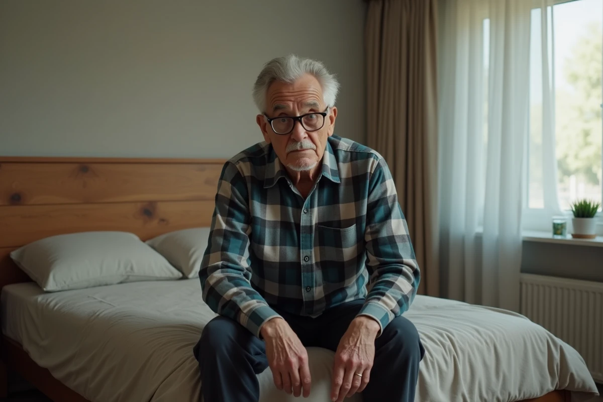 Homme senior en état de vertige assis sur le bord de son lit, expression déstabilisée et posture penchée en avant
