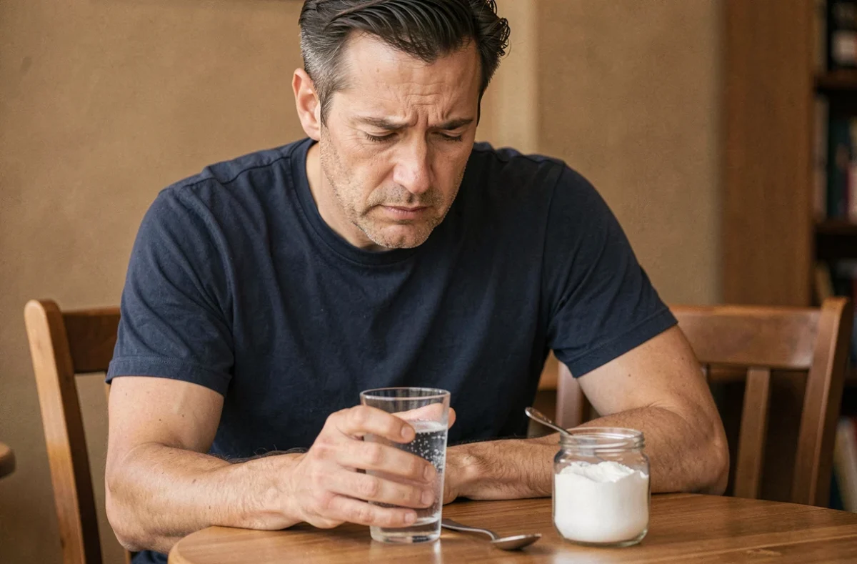 Homme assis à table tenant un verre d'eau bicarbonatée pour soulager ses ballonnements digestifs