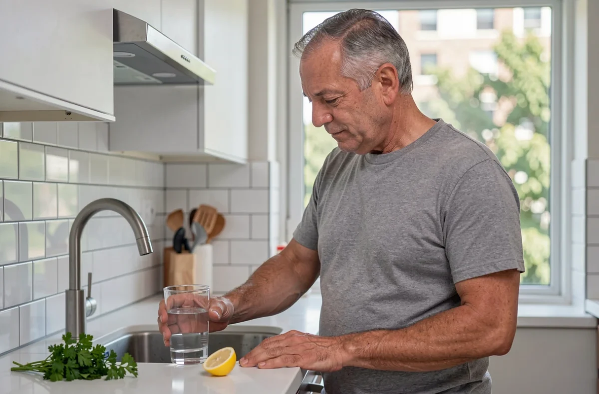 Homme préparant une boisson naturelle alternative à l'eau bicarbonatée pour soutenir la fonction rénale
