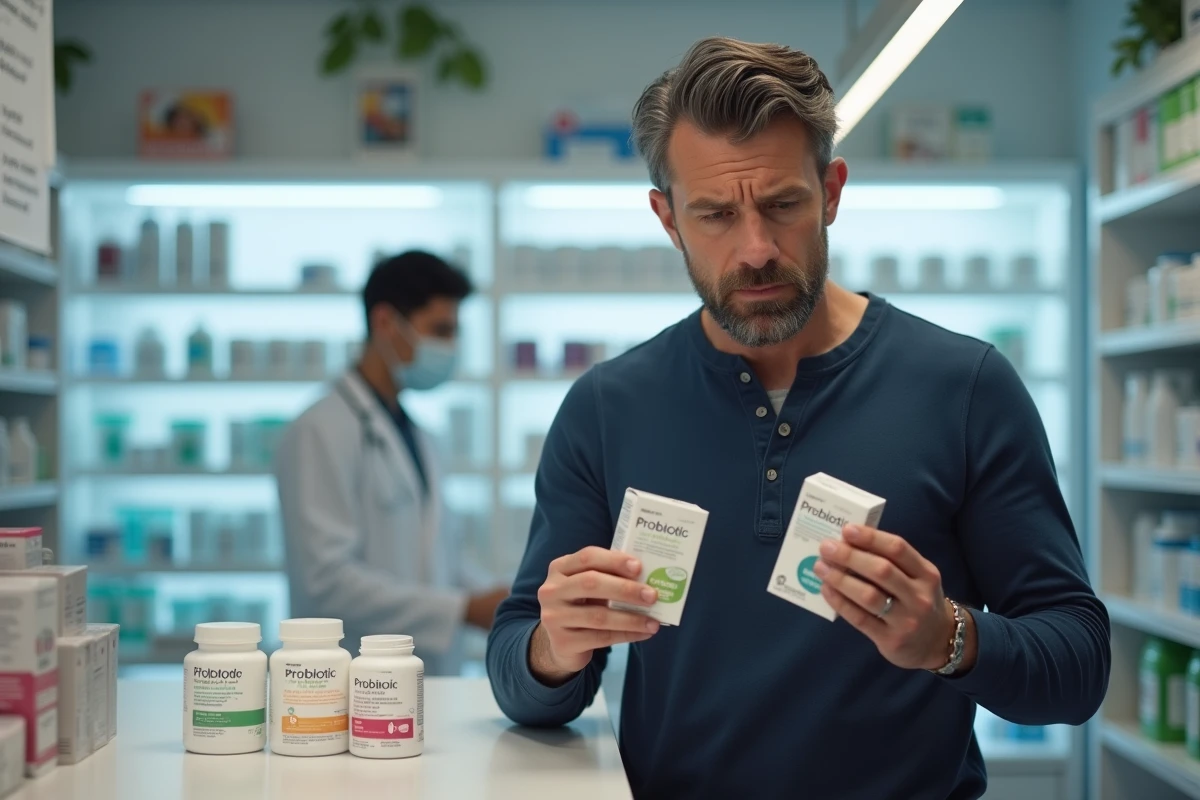 Homme comparant deux boîtes de probiotiques dans une pharmacie française