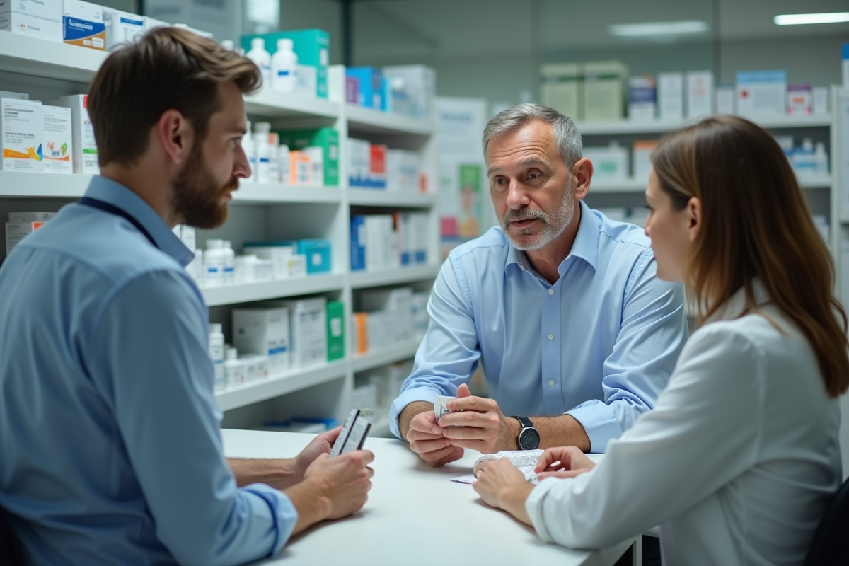 Homme en tenue business discutant avec un pharmacien