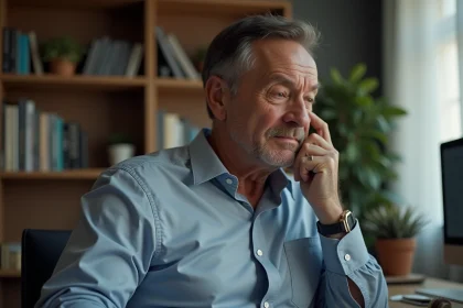 Homme d'&acirc;ge moyen dans un bureau moderne contemplant l'&eacute;paule