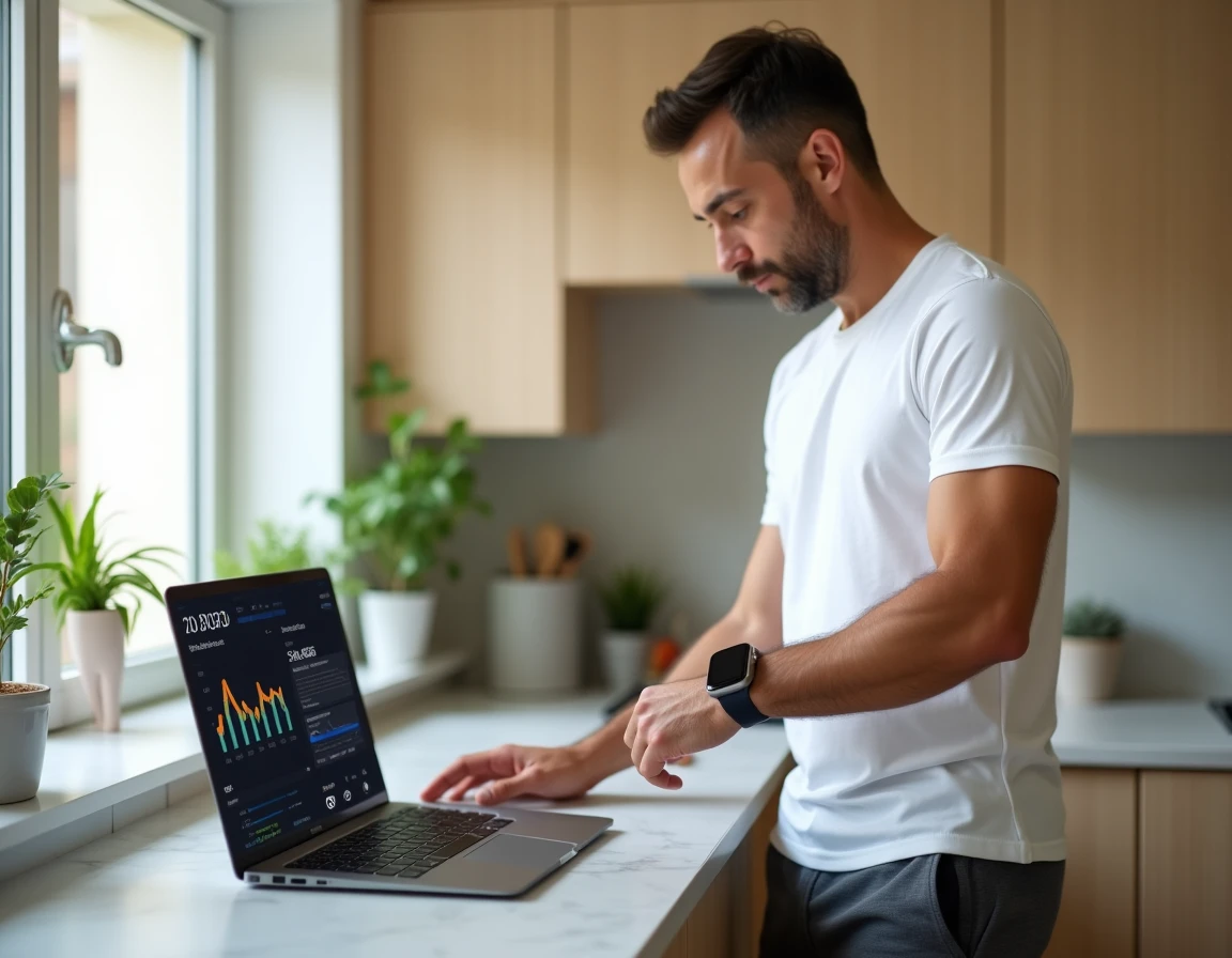 Homme consultant un convertisseur de pas en kilomètres sur un ordinateur portable et une montre connectée dans une cuisine moderne