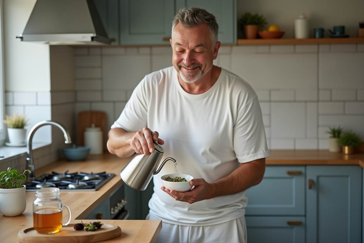 Homme versant de l eau dans la cuisine avec tisane