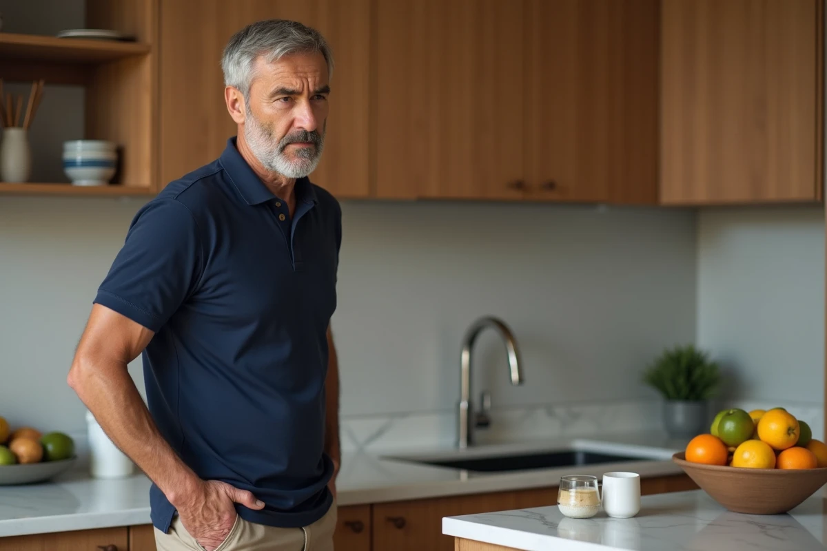 Homme debout dans une cuisine domestique avec douleur au bas-ventre côté gauche