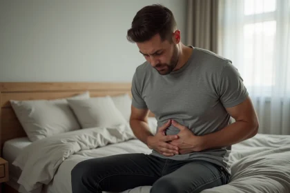 Homme adulte assis sur un lit tenant son côté gauche du bas-ventre avec une expression préoccupée