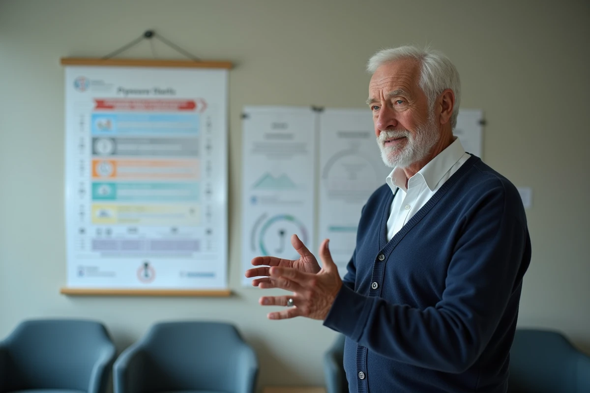 Homme âgé expliquant un graphique de tension dans une salle d
