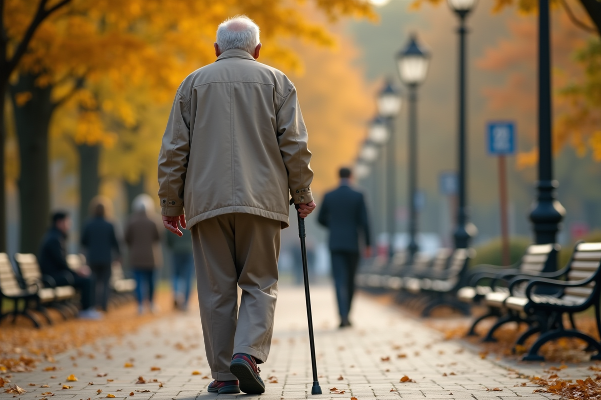 Homme âgé marchant dans un parc en automne