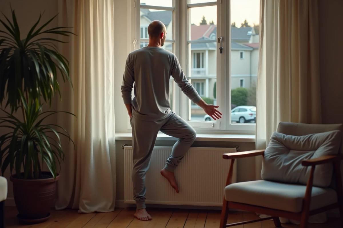 Homme se tenant près de la fenêtre en étirant ses jambes