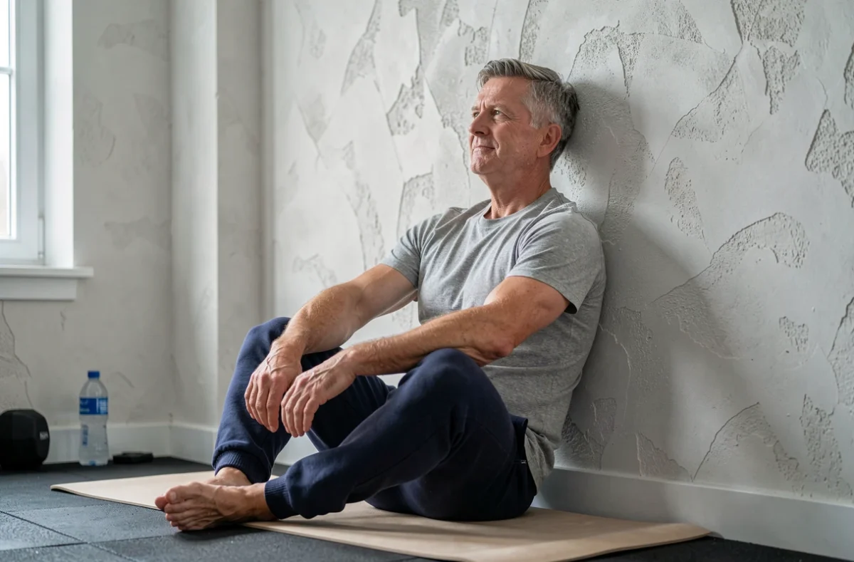 Homme pratiquant un exercice d'étirement contre un mur pour soulager la douleur sciatique en position assise au sol