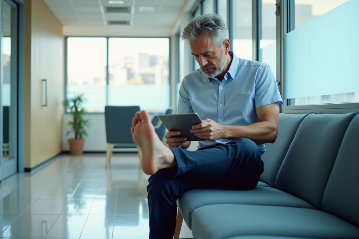 Homme en tenue de bureau montrant son pied lors d