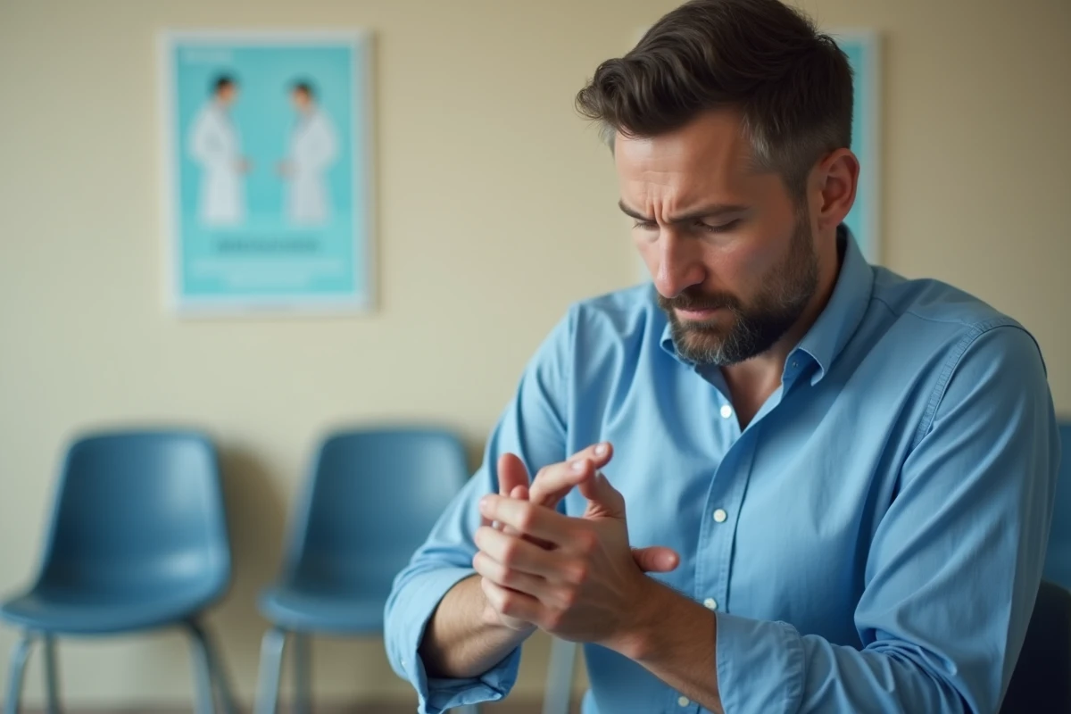 Homme dans une salle d'attente médicale se grattant la main gauche avec une expression inquiète