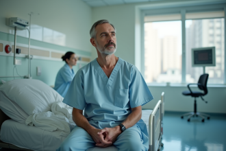 Homme d'âge moyen assis calmement sur un lit d'hôpital