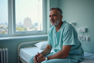 Homme d'âge moyen en blouse hospitalière pensif dans une chambre