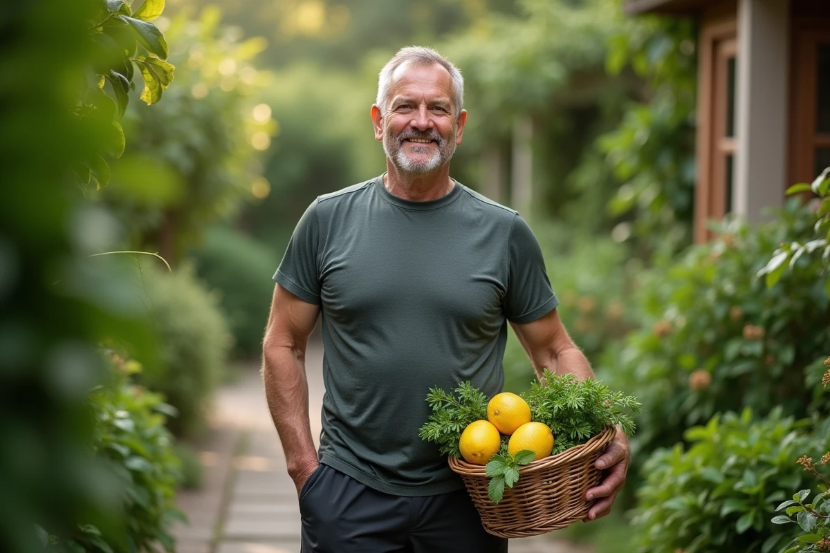 Homme en extérieur avec panier de légumes et citrons