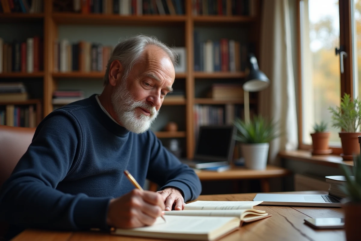 Homme écrivant dans un journal dans son bureau à domicile, symbolisant le parcours de rémission et de témoignage sur la maladie de Ménière