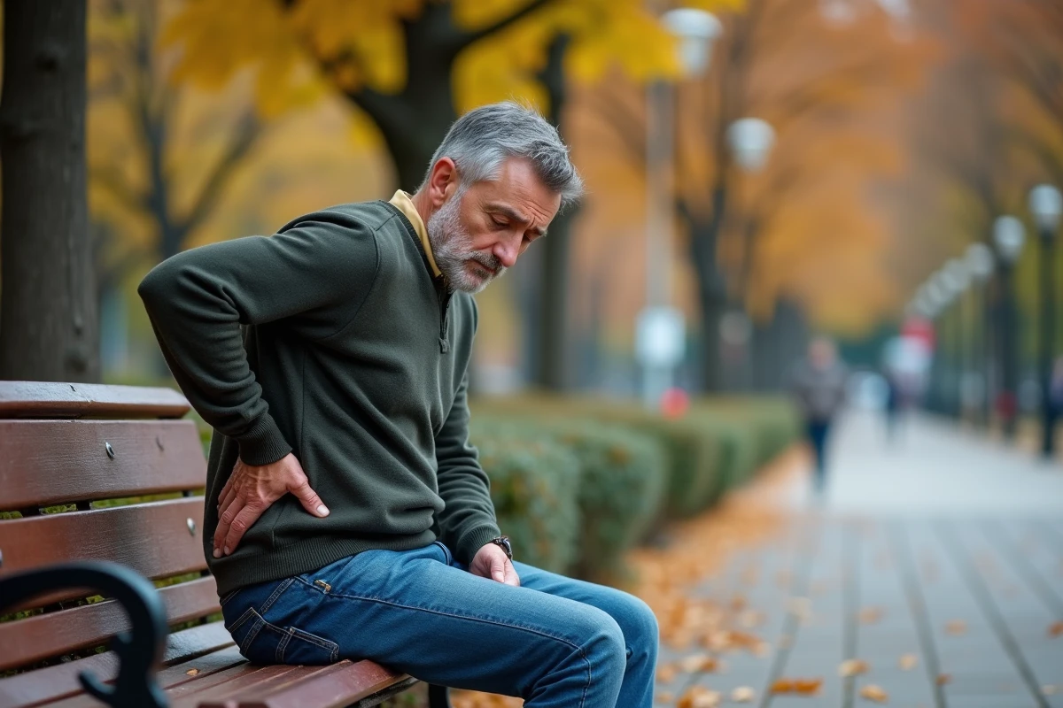 Homme assis sur un banc de parc avec mal de dos