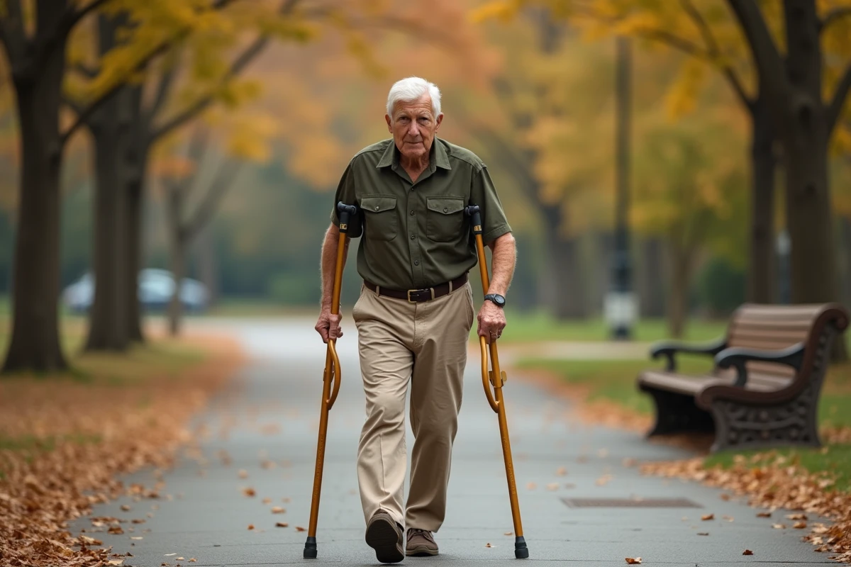 Homme âgé marchant avec une béquille axillaire sur un chemin de parc en automne avec une posture correcte