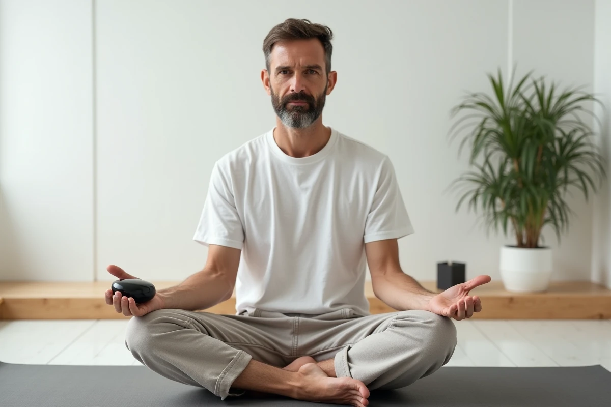 Homme en méditation tenant une pierre polie dans la main dans une salle de méditation minimaliste