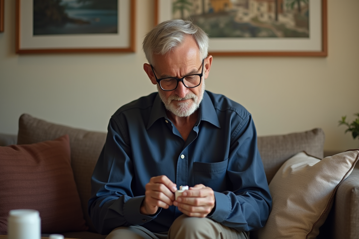 Homme mature ouvrant une boîte de comprimés contre la toux