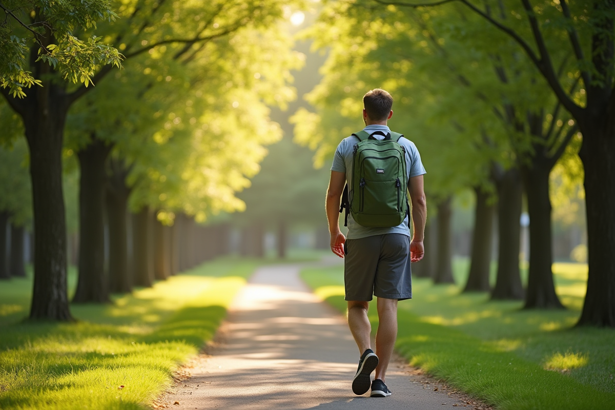 Homme dans un parc portant un sac à dos vert en promenade
